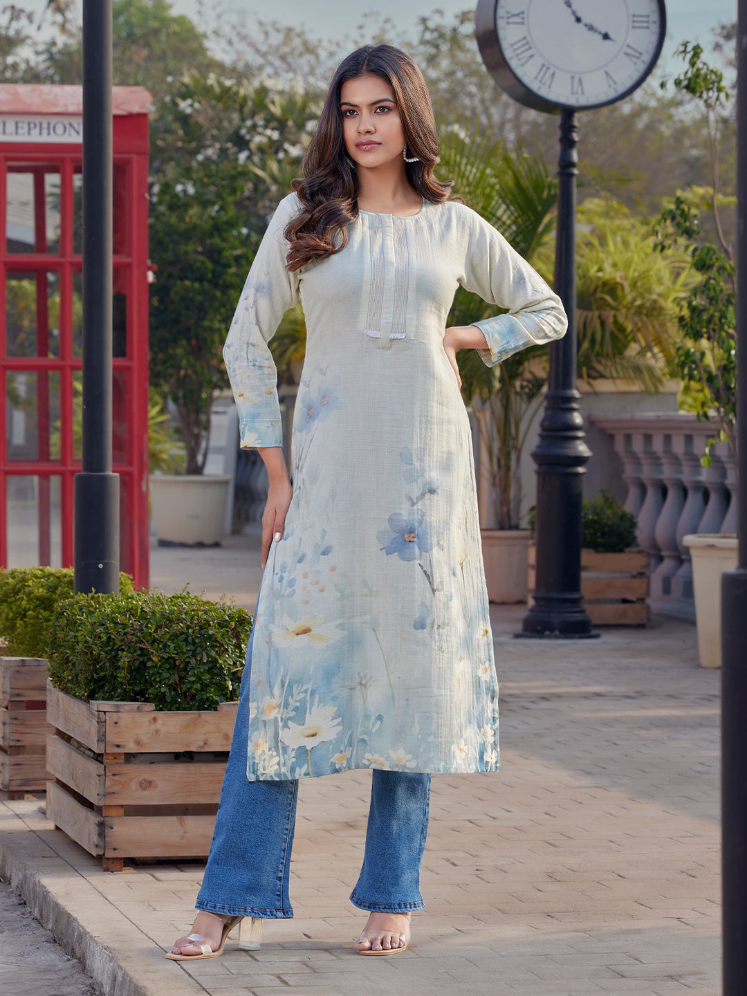 Ivory Floral Print Cotton Kurti
