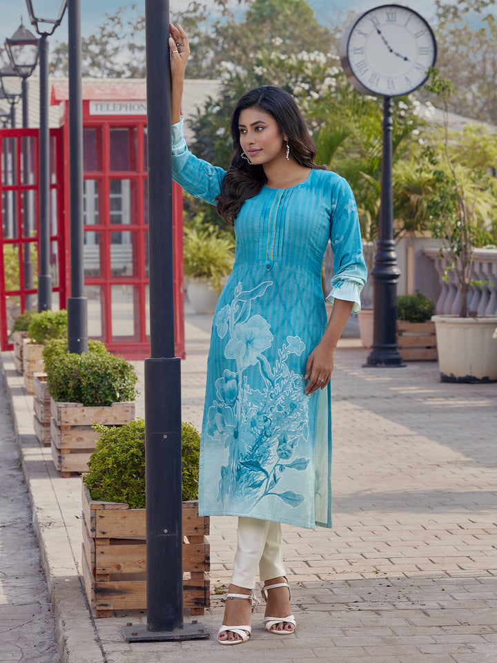 Aqua Blue Floral Print Cotton Kurti