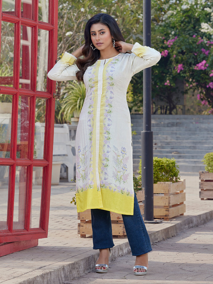 Fresh Ivory Floral Print Cotton Kurti