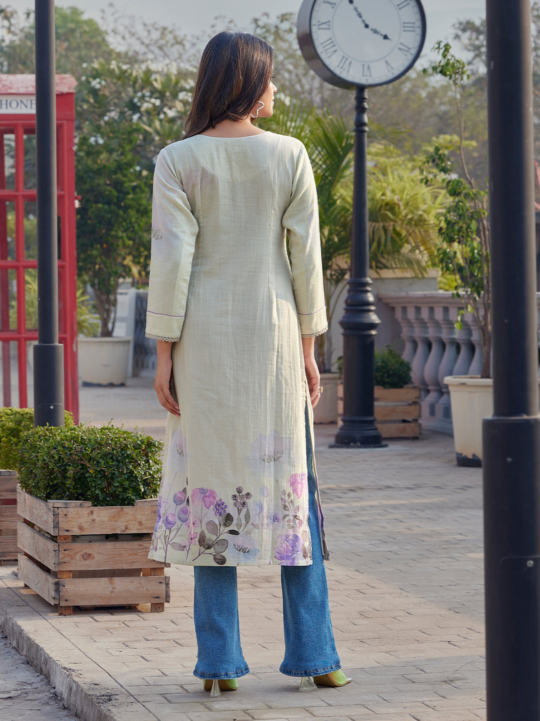 Ivory Lilac Floral Print Cotton Kurti