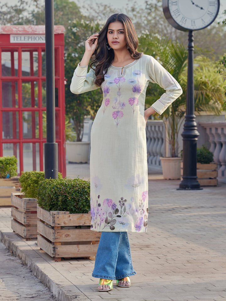 Ivory Lilac Floral Print Cotton Kurti