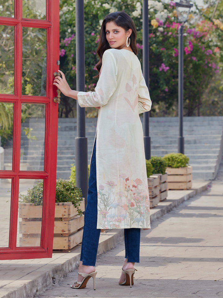 Soft Ivory Floral Print Cotton Kurti