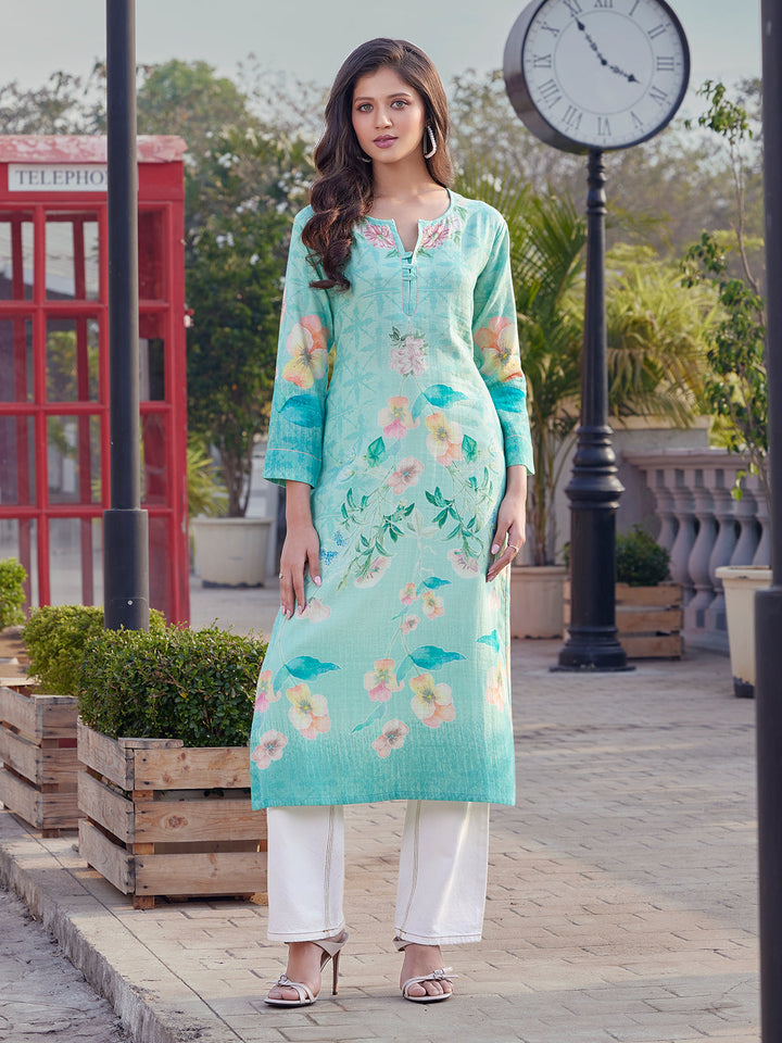 Aqua Floral Print Cotton Kurti