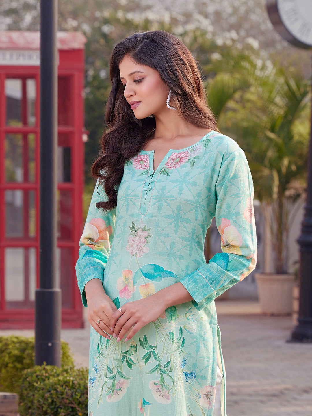 Aqua Floral Print Cotton Kurti