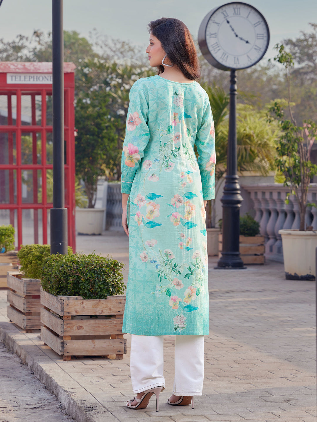 Aqua Floral Print Cotton Kurti