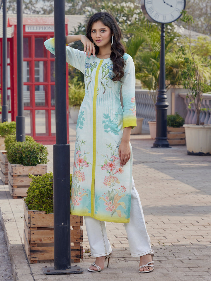 Ivory Mint Floral Print Cotton Kurti