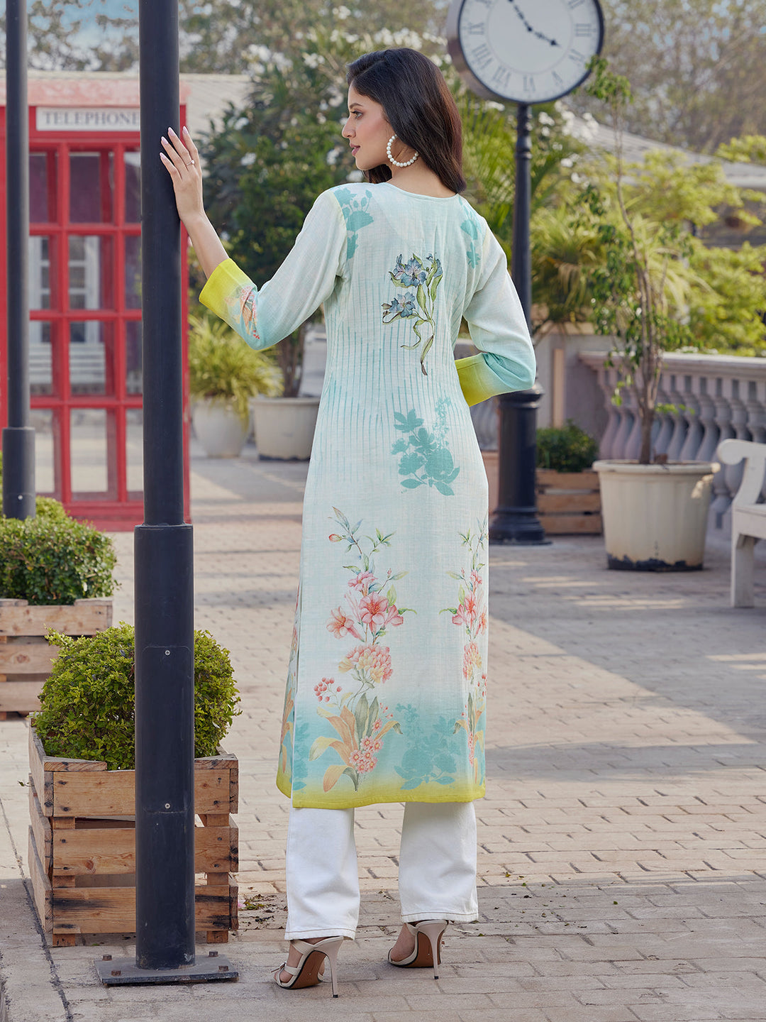 Ivory Mint Floral Print Cotton Kurti