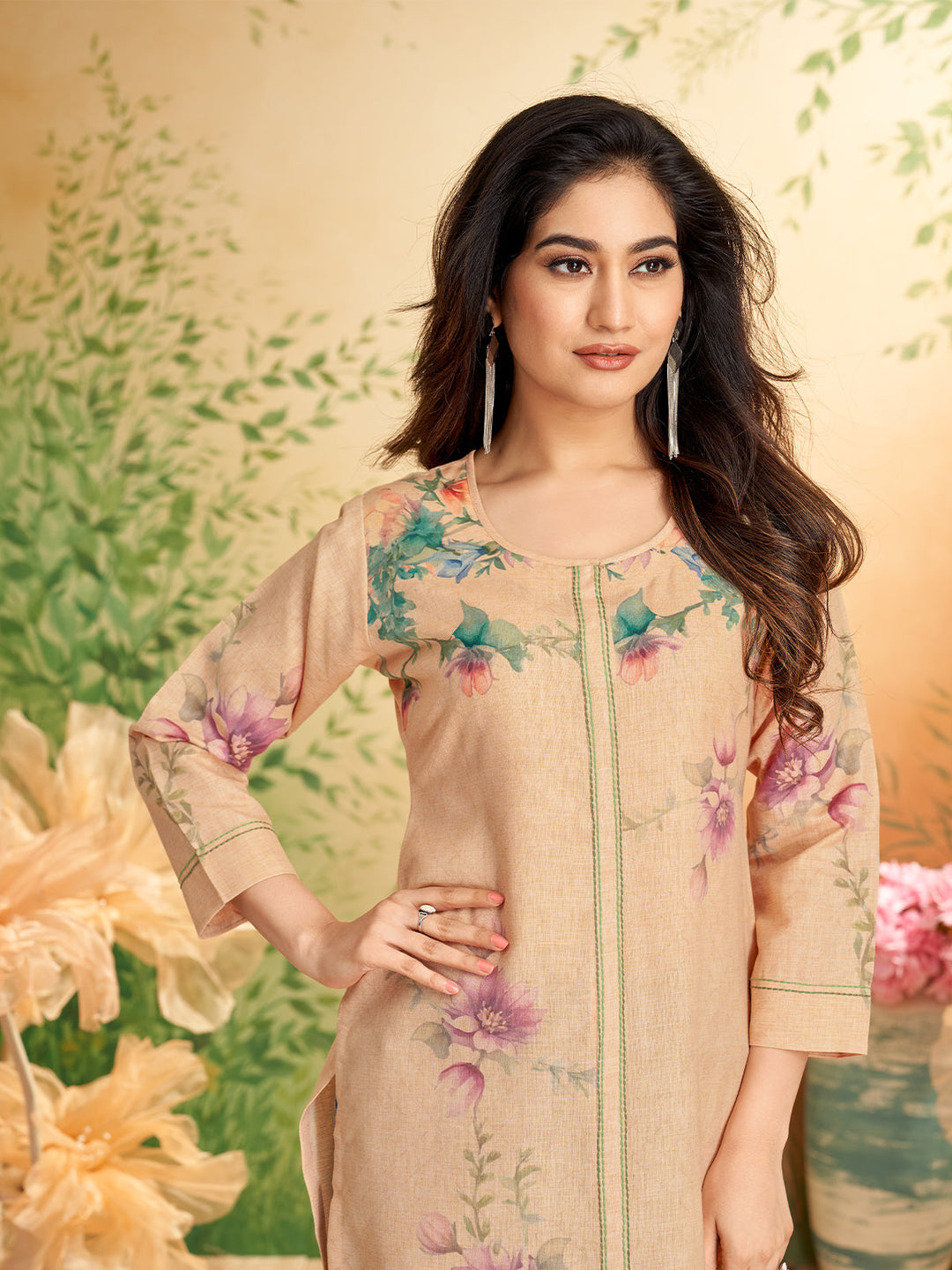 Beige Floral Print  Kurti