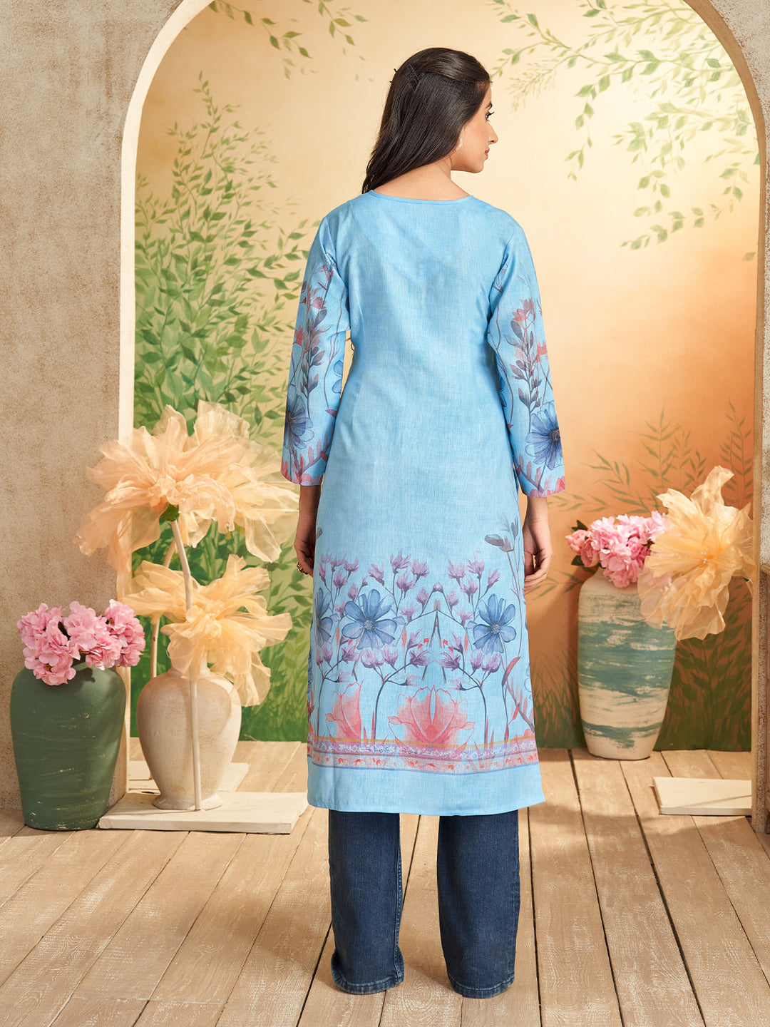 Sky Blue Floral Print Kurti