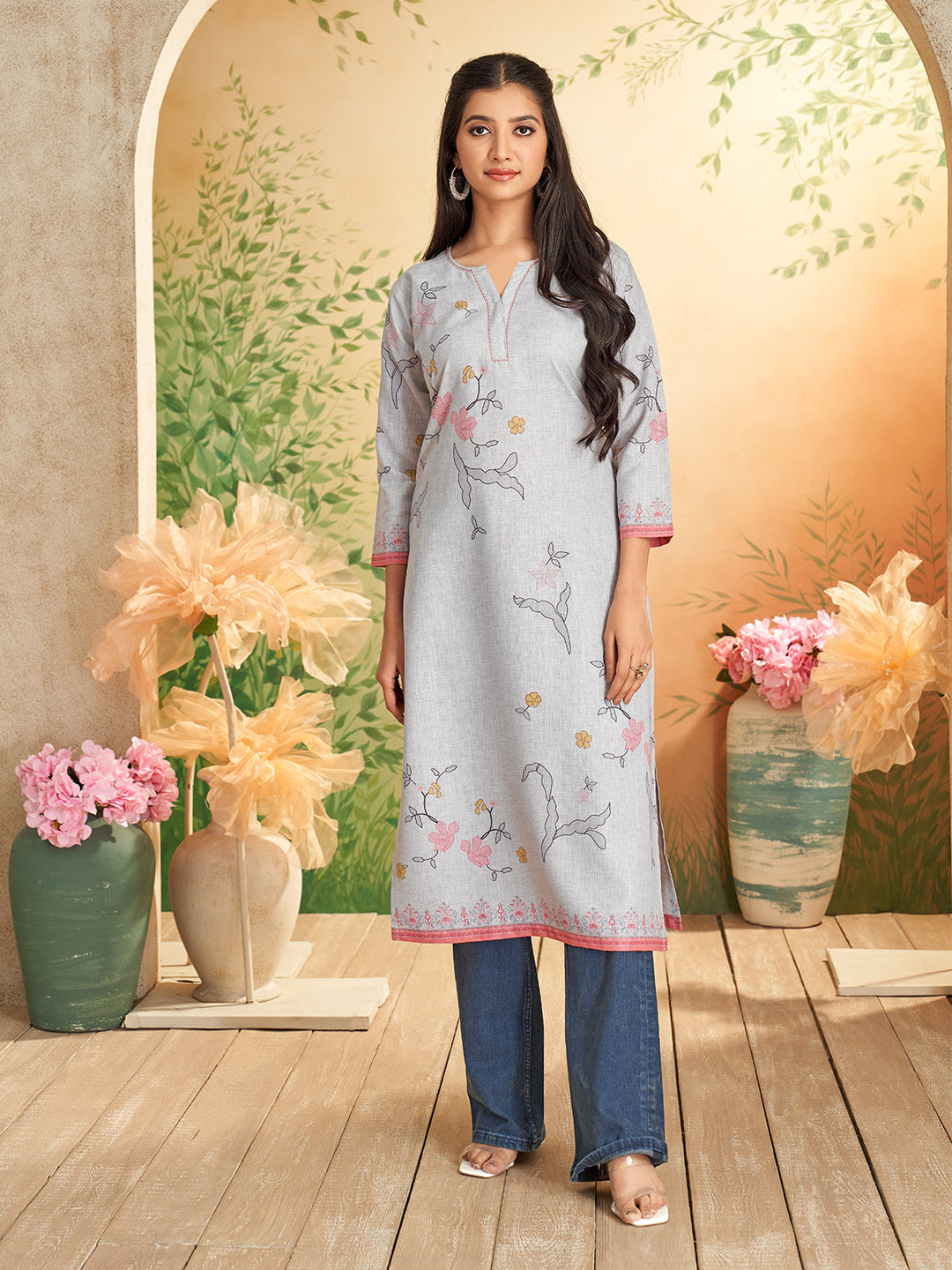 Grey Floral Print Kurti