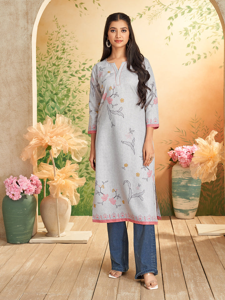 Grey Floral Print Kurti
