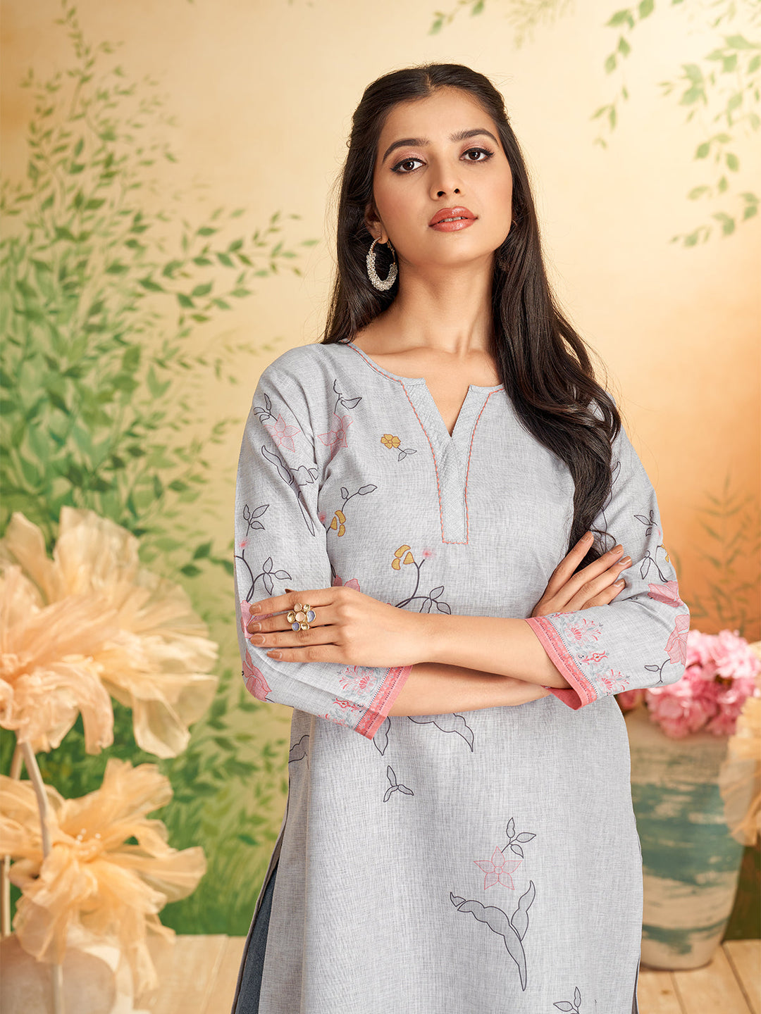 Grey Floral Print Kurti