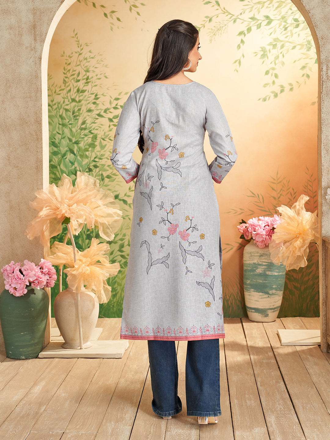 Grey Floral Print Kurti