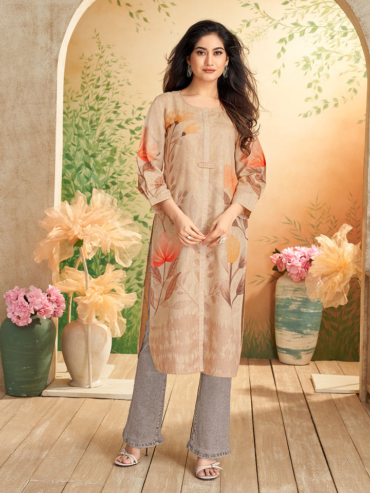Beige Floral Print Kurti