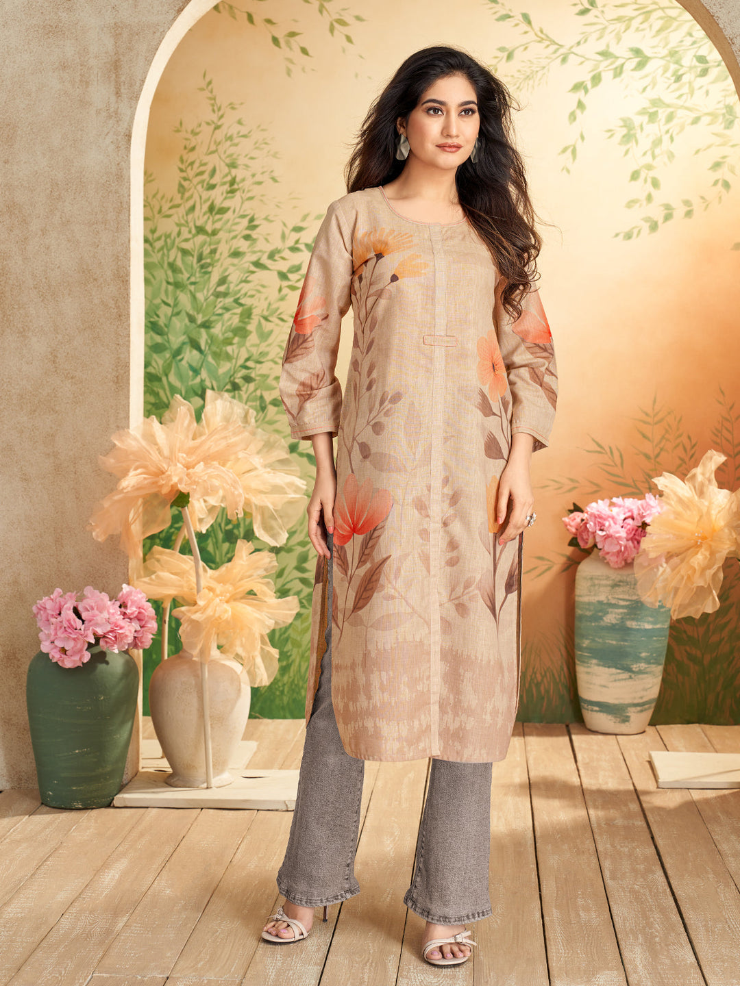 Beige Floral Print Kurti