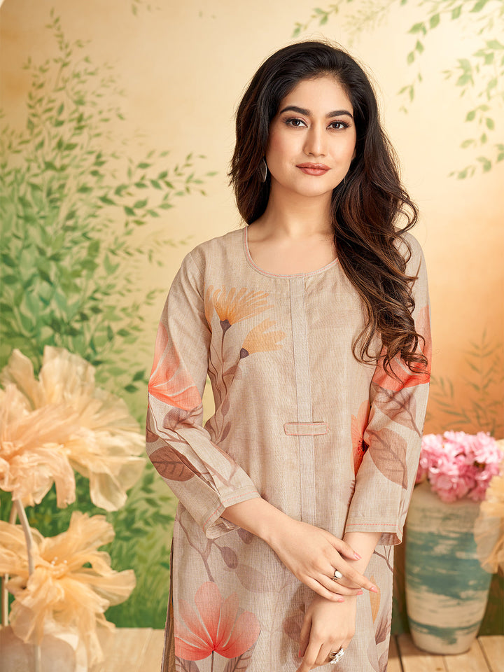 Beige Floral Print Kurti
