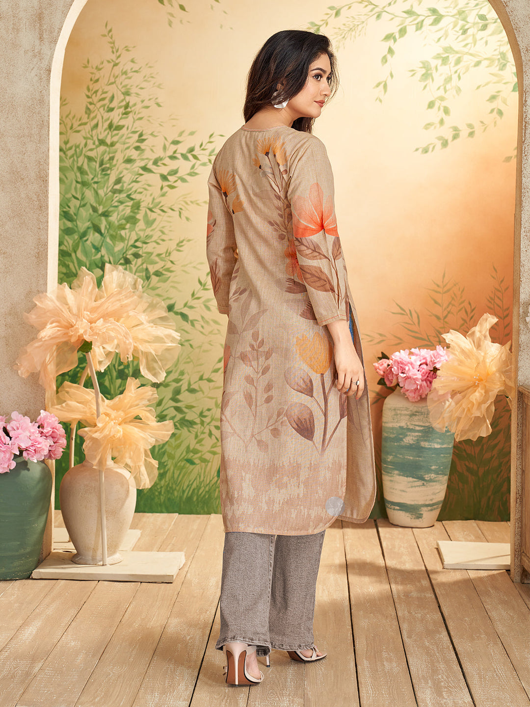 Beige Floral Print Kurti
