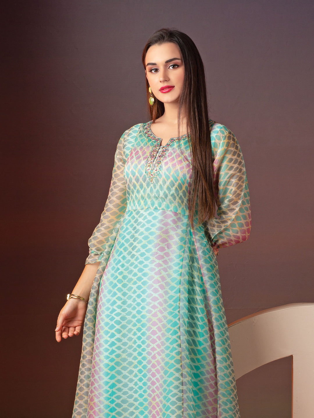 Geometric Print Organza Tunic