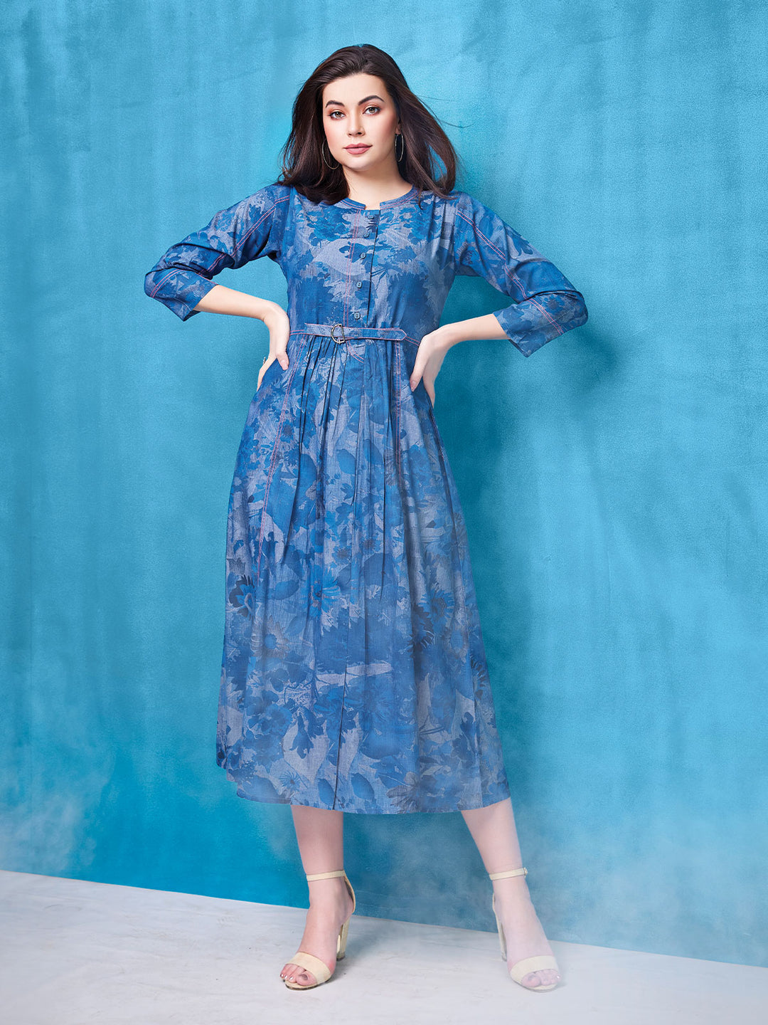 Denim Midi Dress with Print