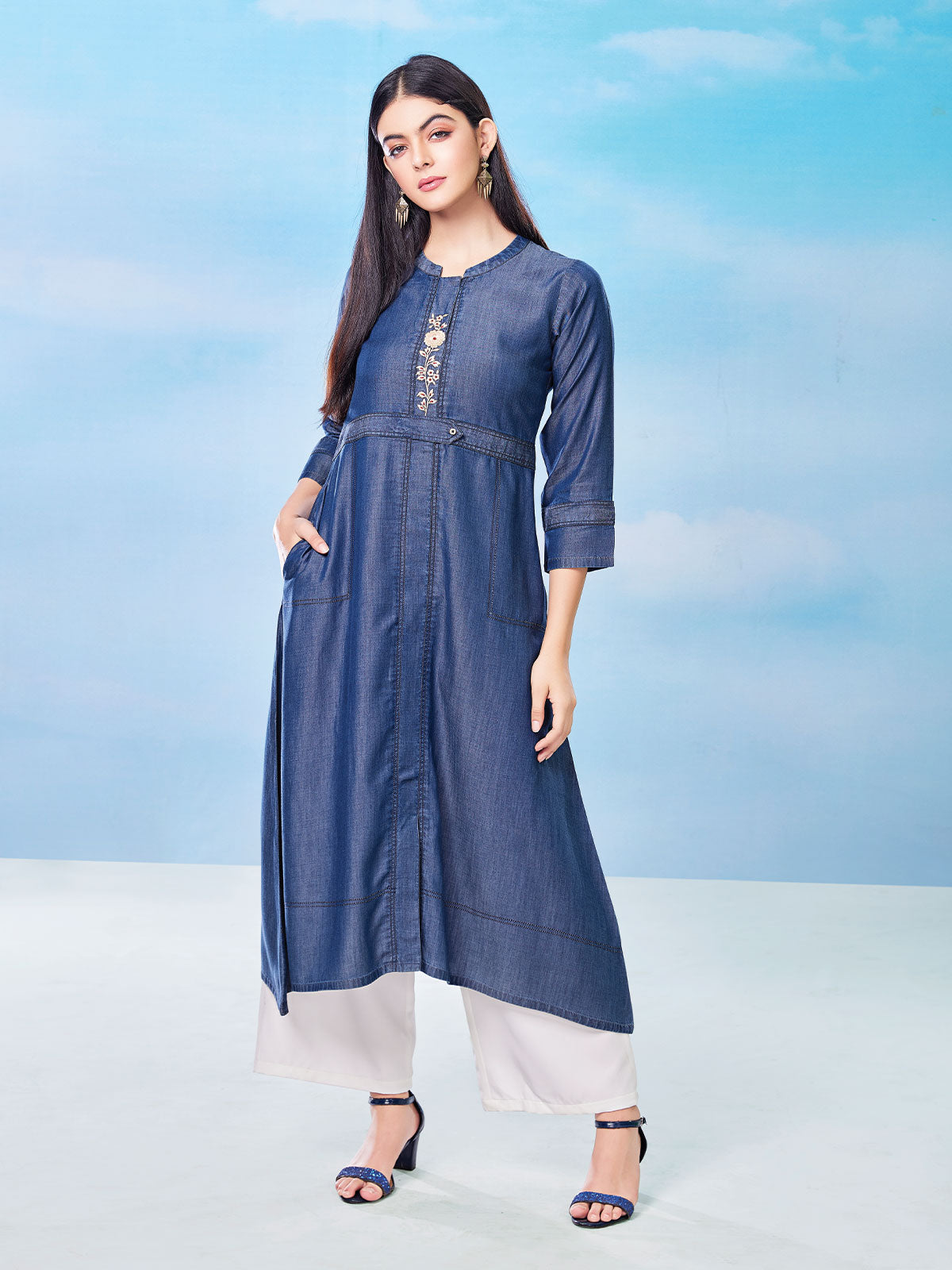Buy Vahson Women Embroidered Denim Kurta Dress (42, blue01) at Amazon.in