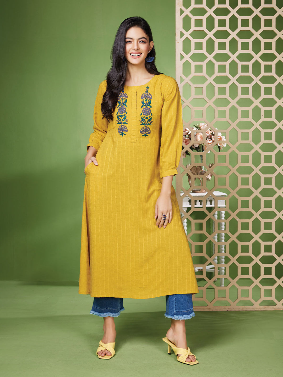 Yellow Stripe Tunic with Embroidery