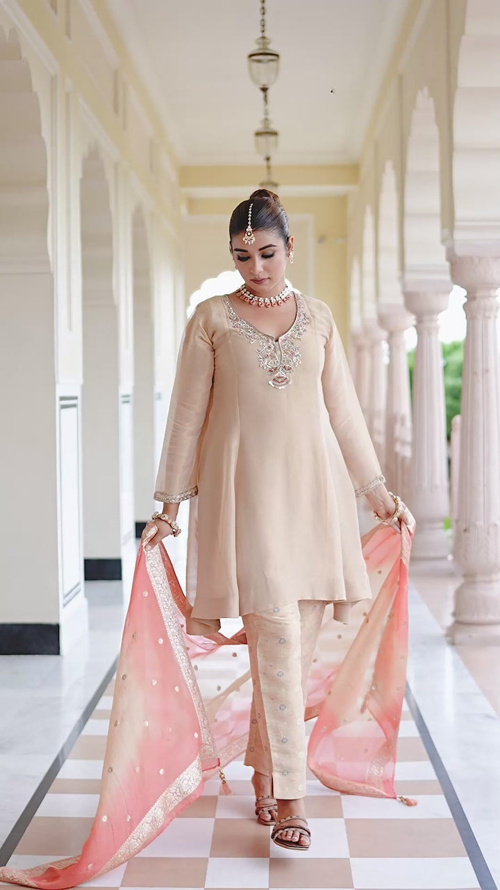 Beige Jacquard Suit Set