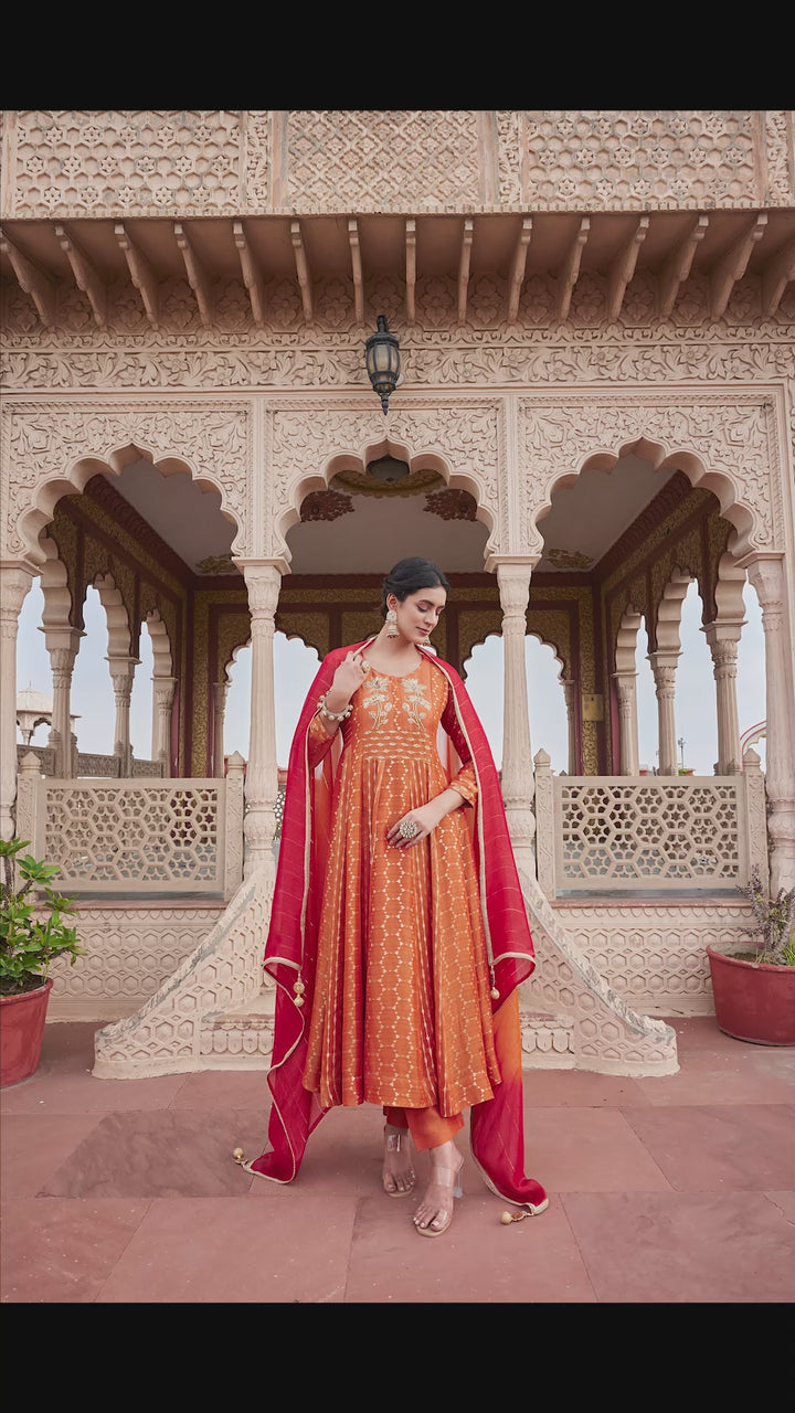 Orange Jacquard Anarkali Set