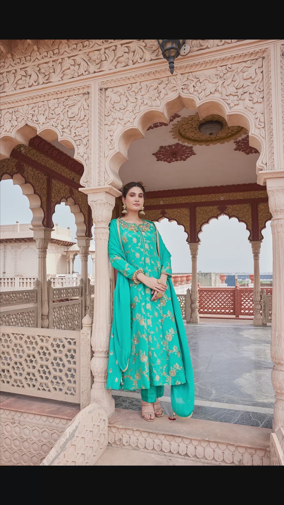 Turquoise Jacquard Anarkali Set