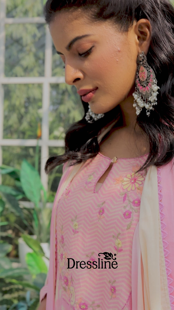 Peach Floral Cotton Anarkali Set with Dupatta