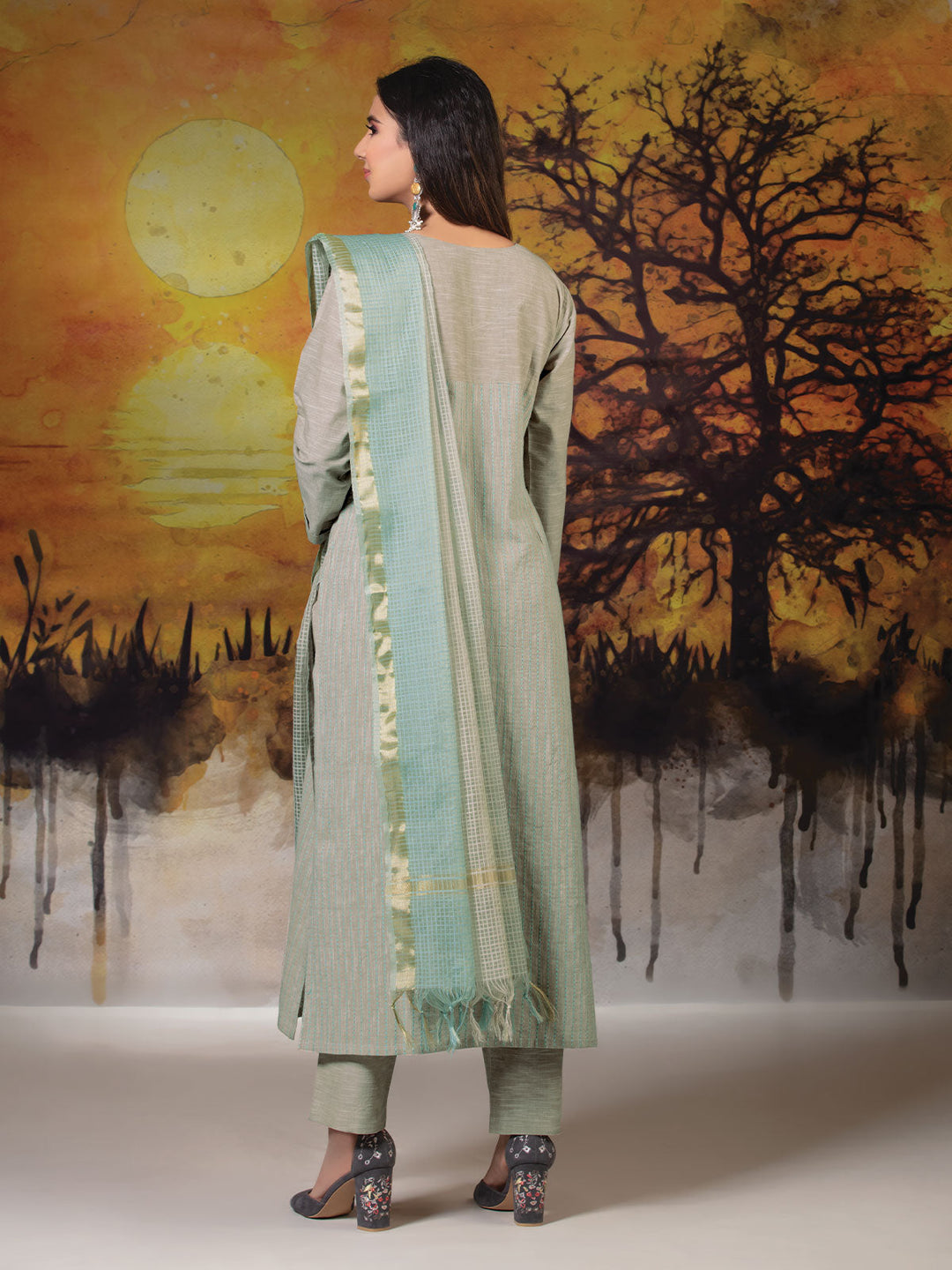 Grey Cotton Kurta Set with Dupatta
