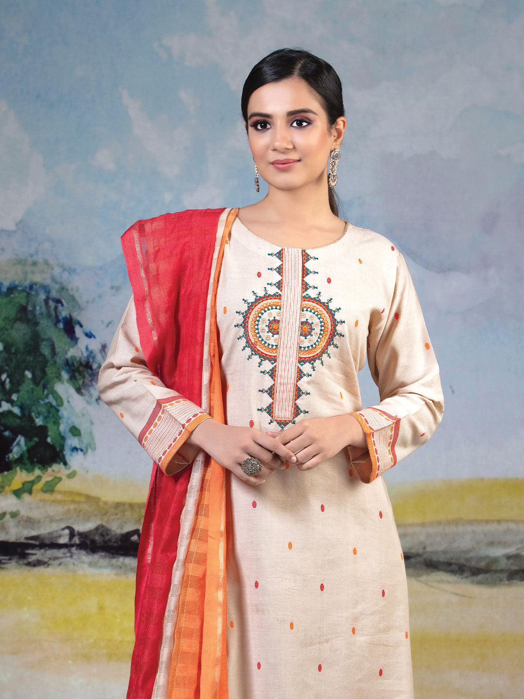 Cream Cotton Kurta Set with Dupatta