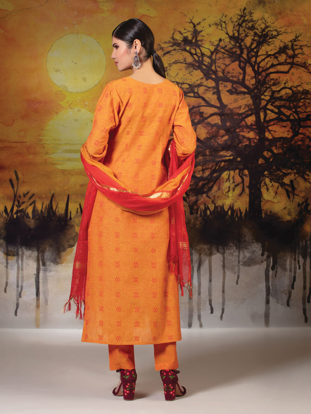 Orange Cotton Kurta Set with Dupatta
