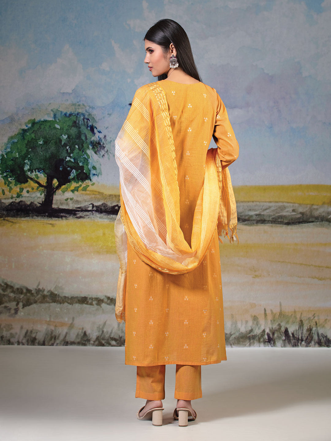 Orange Cotton Kurta Set with Dupatta