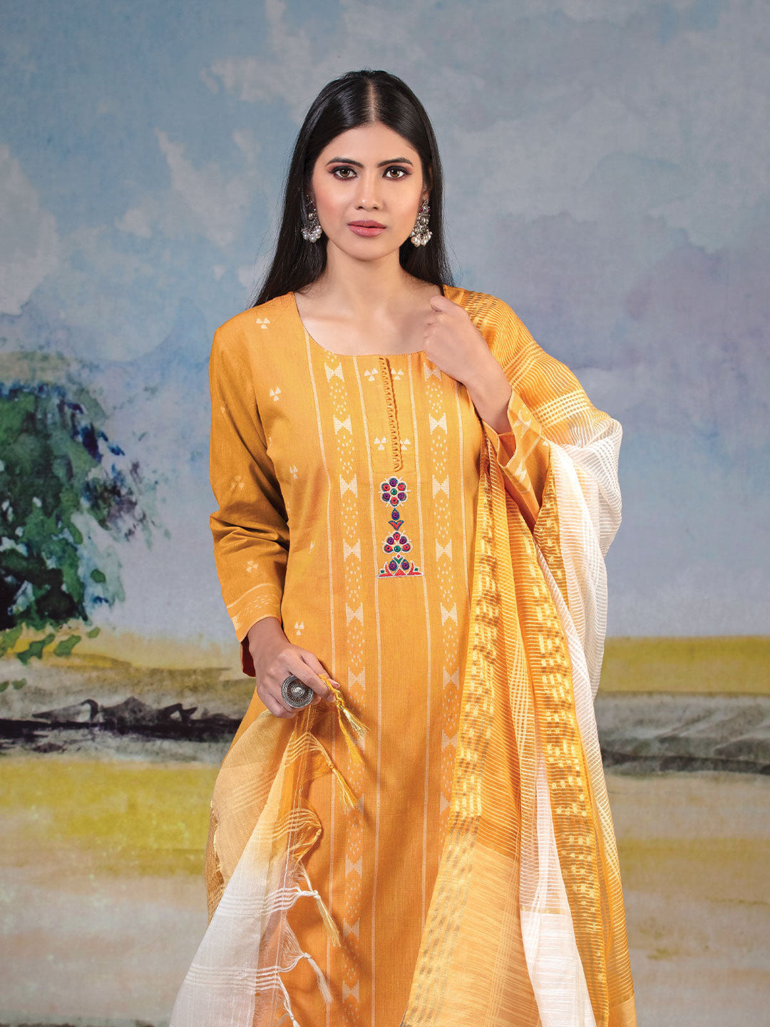 Orange Cotton Kurta Set with Dupatta