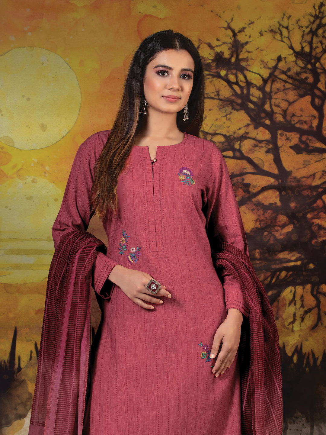 Maroon Cotton Kurta Set with Dupatta