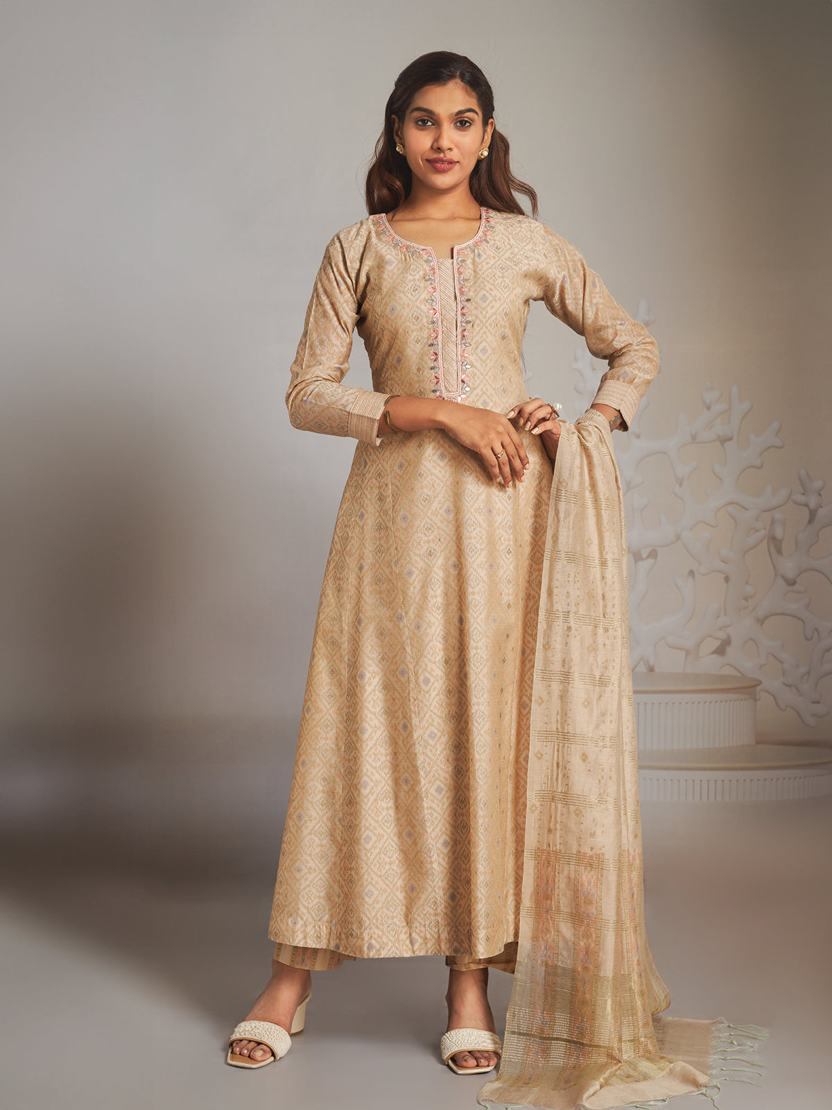 Beige Golden Lucknowi Embroidered Anarkali Suit | Designer dresses indian, Anarkali  dress, Indian wedding dress designers