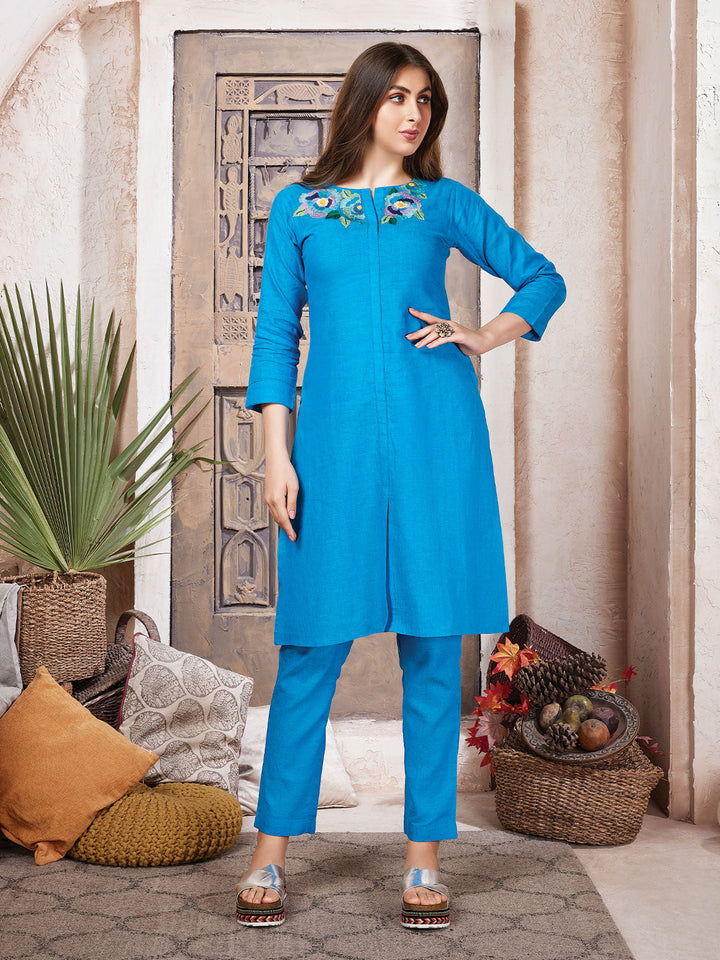 Blue Embroidered Linen Co-Ord Set
