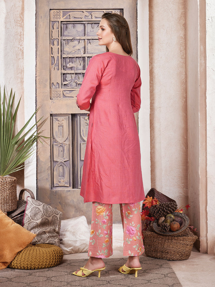 Pink Embroidered Linen Co-Ord Set