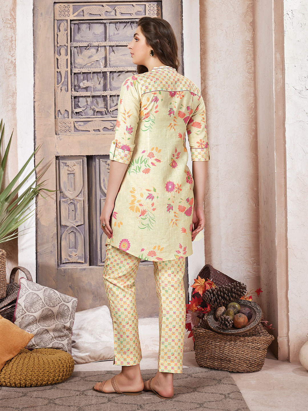 Yellow Floral Print Linen Co-Ord Set