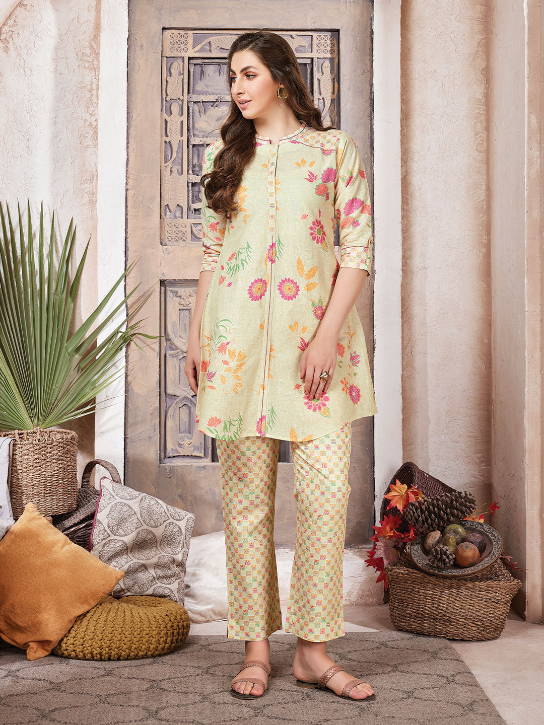 Yellow Floral Print Linen Co-Ord Set