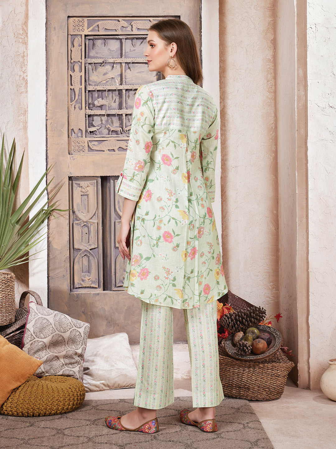 Green Floral Print Linen Co-Ord Set