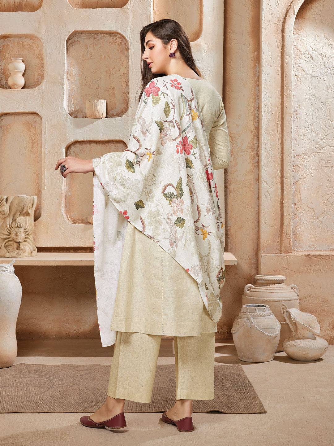 Cream Linen Kurta Set with Dupatta