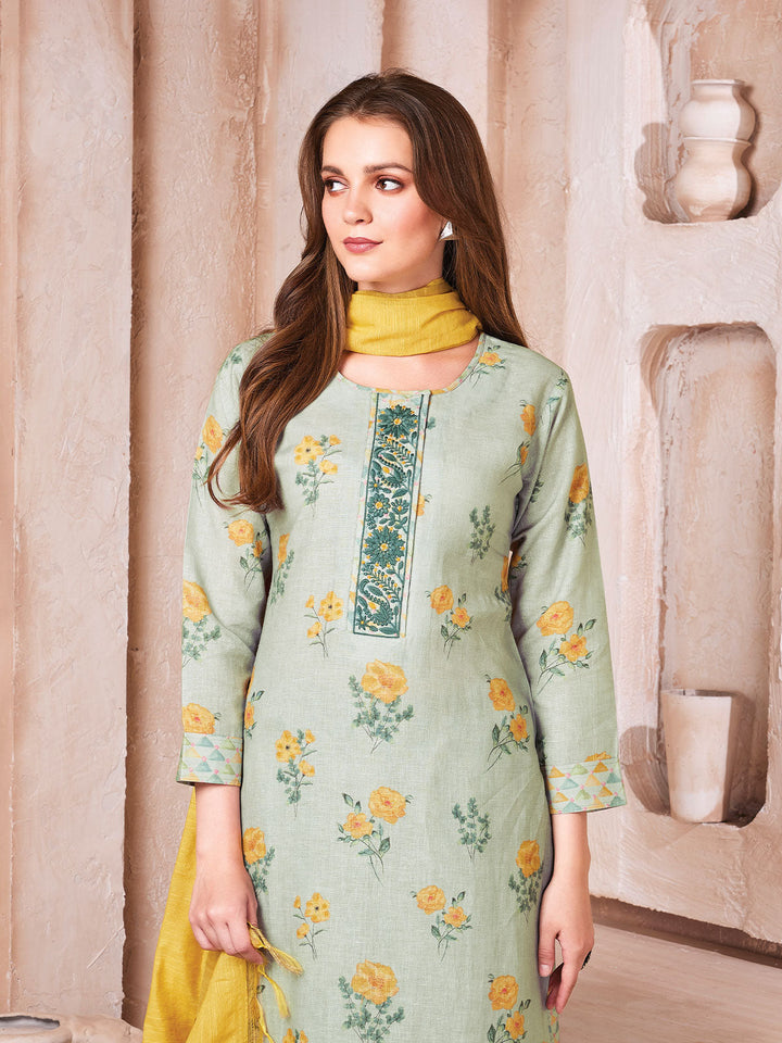 Floral Print Linen Kurta Set with Dupatta