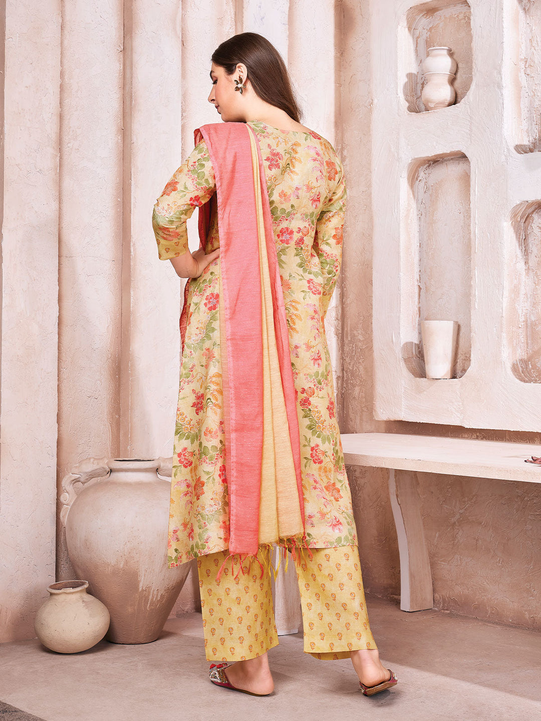Floral Print Linen Kurta Set with Dupatta