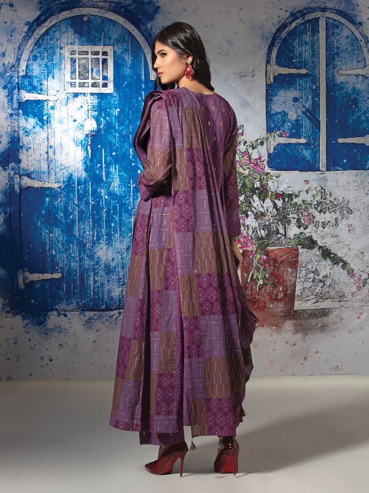 Purple Cotton Anarkali Set with Dupatta
