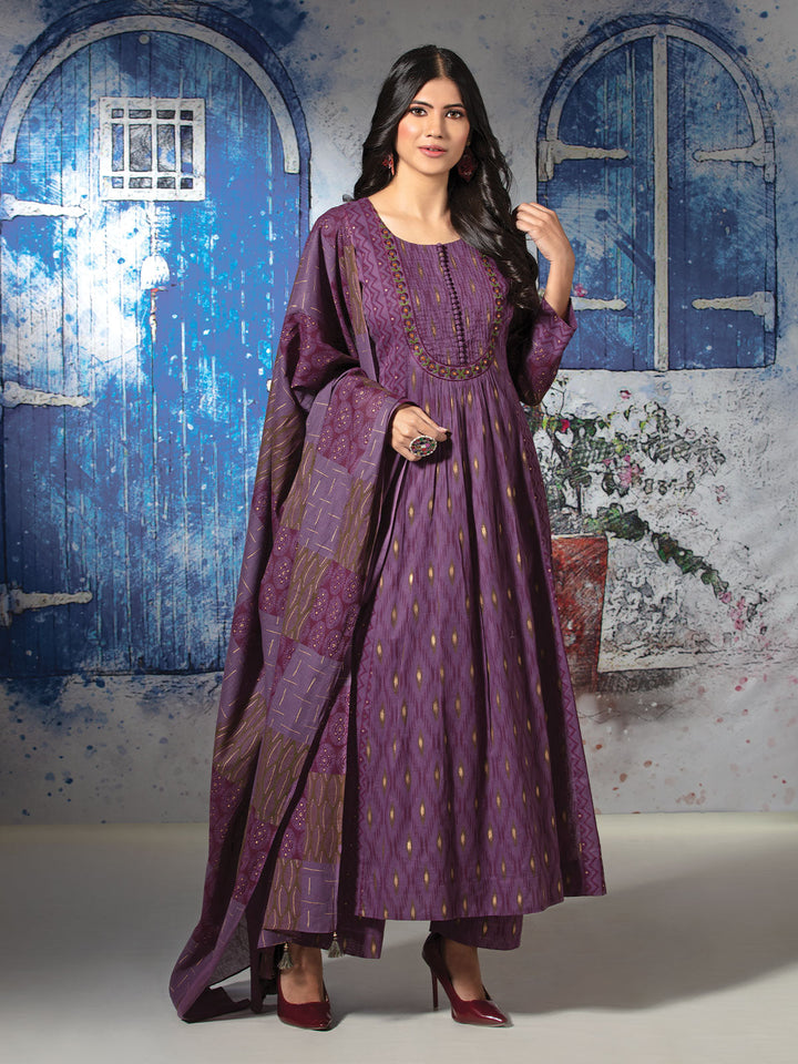 Purple Cotton Anarkali Set with Dupatta