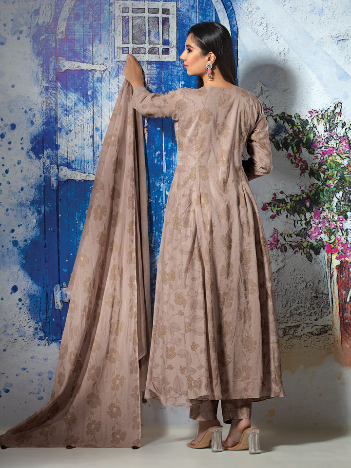 Brown Cotton Anarkali Set with Dupatta
