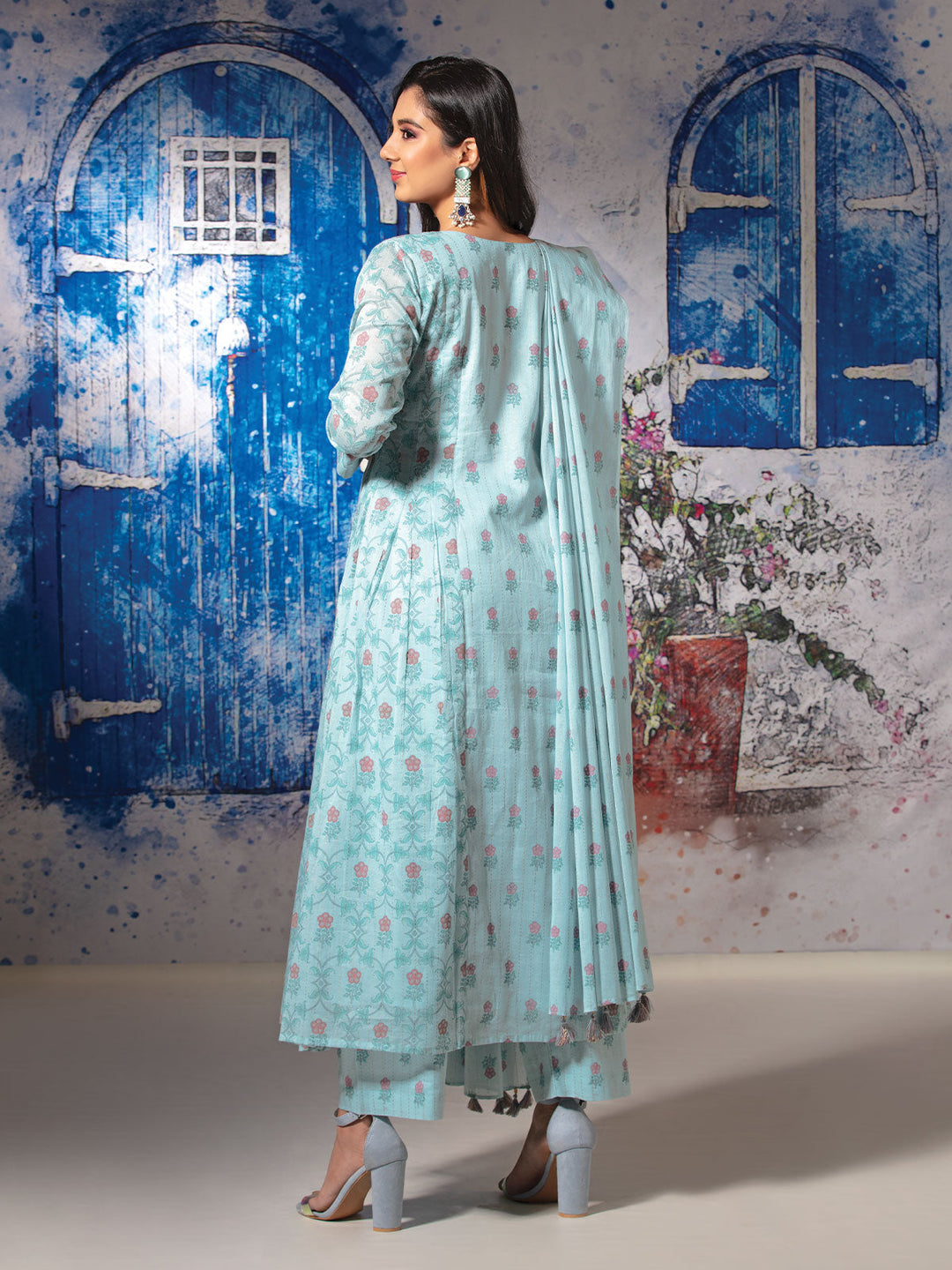 Blue Floral Anarkali Set with Dupatta