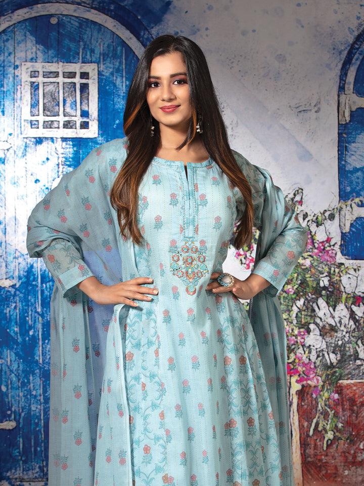 Blue Floral Anarkali Set with Dupatta