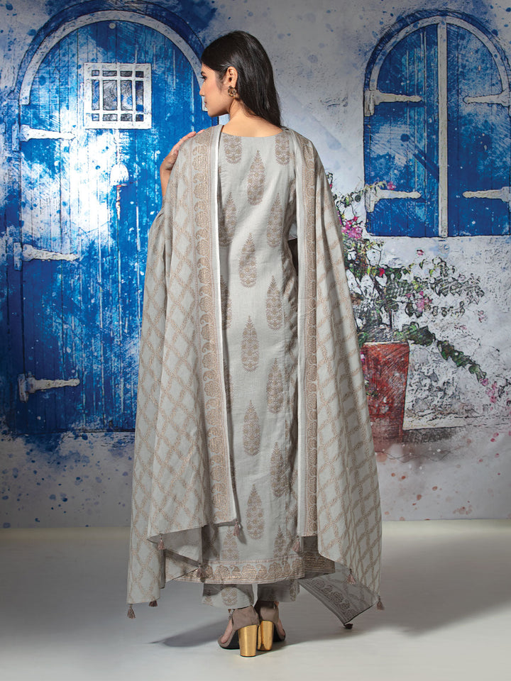 Grey Cotton Anarkali Set with Dupatta